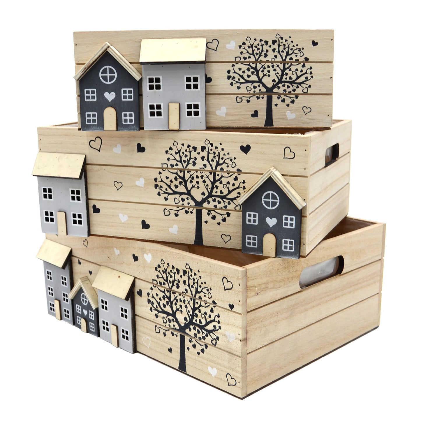 UNUS Holzkisten 3er Set, Holzdeko im Landhausstil, 26 x 16 x 10 cm mit Pflanzfolie, Bepflanzbare Aufbewahrungsbox Holz, Dekokisten als Geschenk, Dekoration für Balkon oder Innenbereich