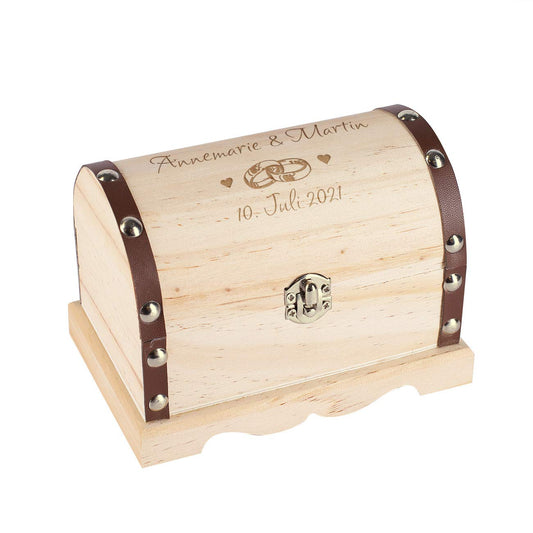 Herz & Heim® Personalisiertes Hochzeitsgeschenk Schatztruhe mit Gravur in verschiedenen Größen Eheringe, ca. 11 cm x 7,5 cm x 6,5 cm (B/H/T)