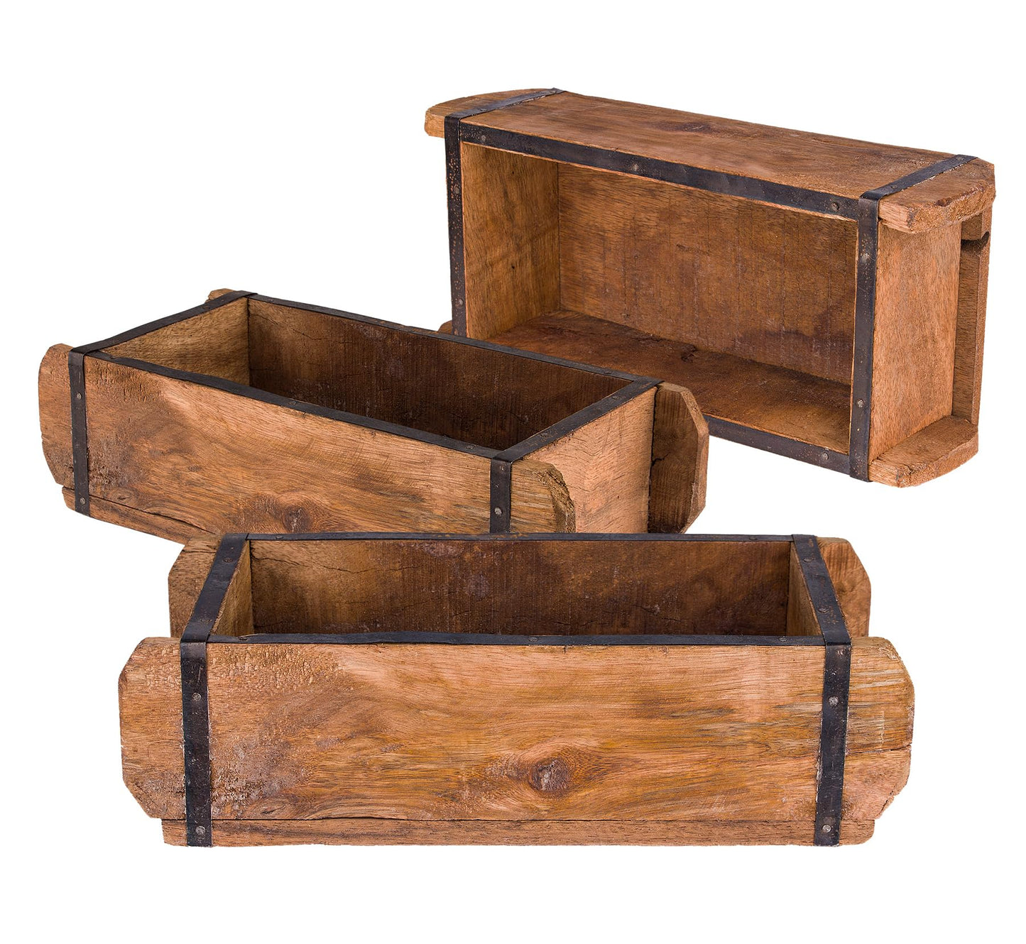 BigDean 3x Ziegelform 32x14x9 cm - Ein-Kammer - Vintage Holzkiste mit Metallbeschlägen - Ordnungsbox Allzweckkiste - Nachbau aus Altholz - Jedes Stück ein Unikat