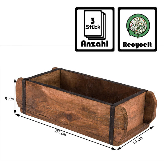 BigDean 3x Ziegelform 32x14x9 cm - Ein-Kammer - Vintage Holzkiste mit Metallbeschlägen - Ordnungsbox Allzweckkiste - Nachbau aus Altholz - Jedes Stück ein Unikat